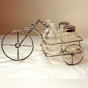 Vintage Metal Kitschy Bicycle Caddy Set Cruets Salt n Pepper Shakers